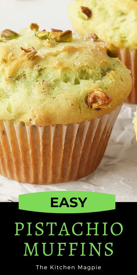 Pistachio Muffins - The Kitchen Magpie Cake Mix Pistachio Muffins, Zucchini Pistachio Muffins, Easy Pistachio Muffins, Pistachio Walnut Muffins, Baking With Pistachios, Pistachio Pudding Muffins, Gluten Free Pistachio Muffins, Pistachio Muffins Recipe Cake Mixes, Bakery Style Pistachio Muffins