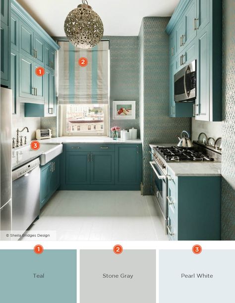 Kitchen Color Themes Colour Palettes, Kitchen Design Turquoise, Kitchen Accent Colors Ideas, Contemporary Kitchen Colors, Teal And White Kitchen, Turquoise Kitchen Cabinets, Bright Kitchen Colors, Teal Kitchen Cabinets, Kitchen Cabinet Color Schemes