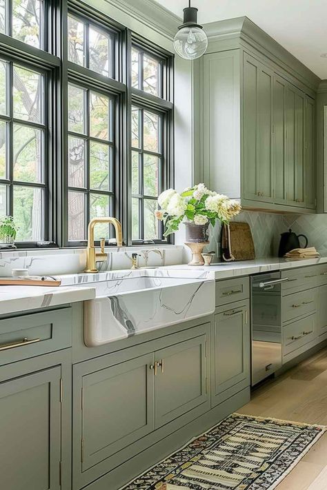 14 Kitchen Design Ideas to Revamp Your Culinary Space – VQNU Green Kitchen With Marble, Sage Green Design, Kitchen With Marble, Beautiful Houses Exterior, Neutral Bedroom Design, Utility Room Designs, Green Kitchen Designs, Modern Black Kitchen, Sage Green Kitchen