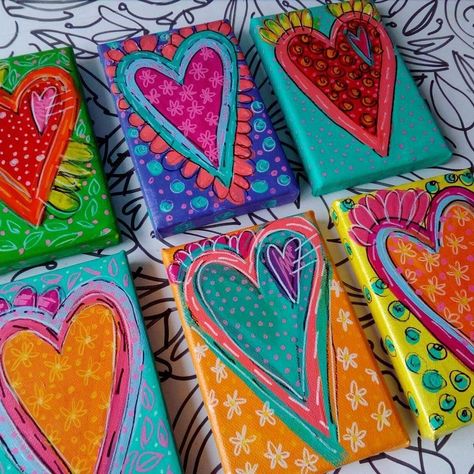 Whimsical Heart Art, Valentines Art Lessons, Heart Art Painting, Step By Step Acrylic Painting, Heart Art Projects, Painting On Canvas For Beginners, Valentine Art Projects, Mini Toile, Whimsical Heart