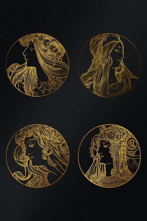 Art nouveau gold silhouette lady psd illustration set, remixed from the artworks of Alphonse Maria Mucha | premium image by rawpixel.com / eyeeyeview Lady Illustration, Alfons Maria Mucha, Silhouette Illustration, Alphonse Mucha, Image Illustration, Public Domain, Free Photos, Art Images, Art Nouveau