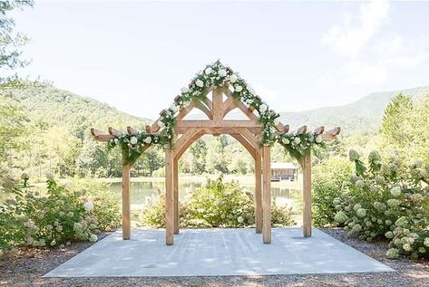 Wedding pergola in north Georgia Pergola Wedding Decorations, Timber Frame Pergola Plans, Wedding Chapel Ideas, Timber Frame Pergola, Outdoor Chapel, Build A Pergola, Wedding Pergola, Wedding Gazebo, Backyard Wedding Ceremony