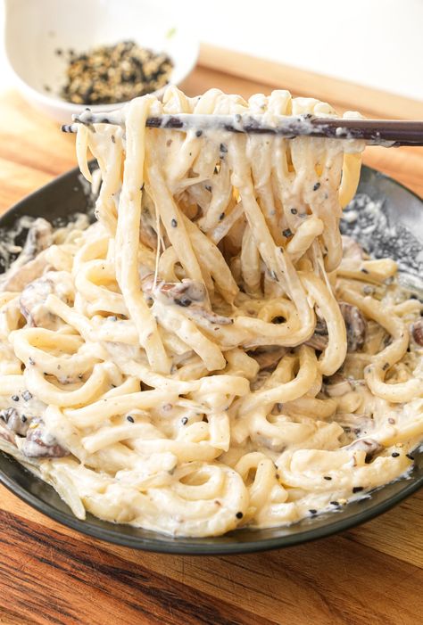 Creamy Miso Mushroom Udon - One Happy Bite Miso Butter Udon, Creamy Udon Recipe, Miso Noodles Recipes, Recipes With White Miso Paste, Enoki Mushroom Recipe Korean, Miso Pasta Recipes, White Miso Paste Recipes, Udon Vegetarian, Recipes With Miso