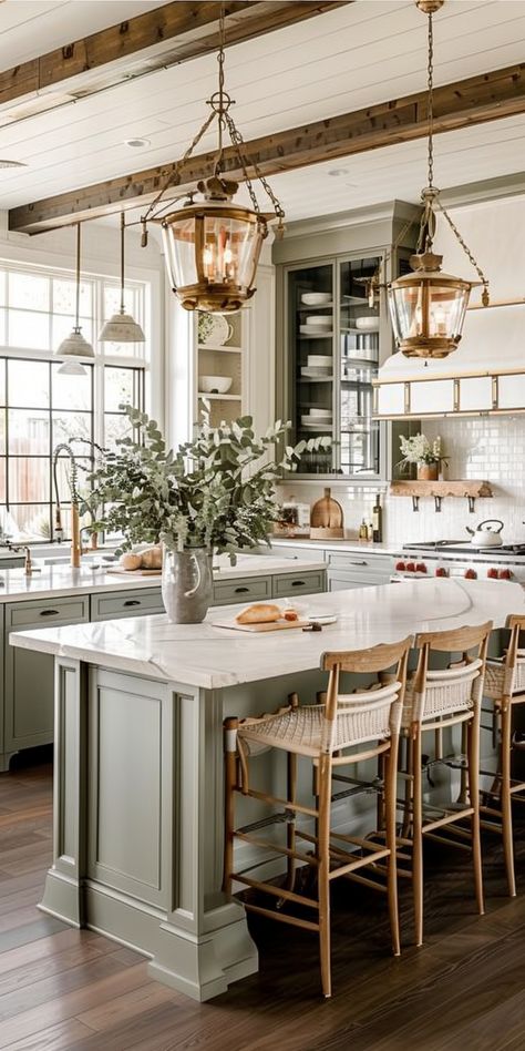 Kitchen Island With Seating On Both Sides, Kitchen Dining Separation Ideas, Kitchen Island Four Seats, Kitchen With Seating, Farmhouse Luxury Kitchen, Kitchen With Banquette And Island, Traditional Bar Stools Kitchen Island, Paneled Kitchen Island, Open Island