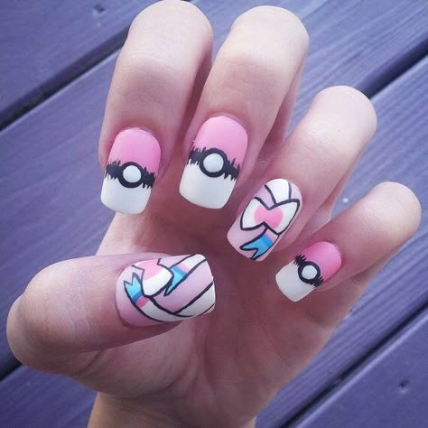 Pink Pokemon Nails, Eevee Nails, Pink Pokeball, Pokeball Nails, Pokemon Nail Art, Pokemon Nails, Pokemon Sylveon, Anime Nails, Really Cute Nails