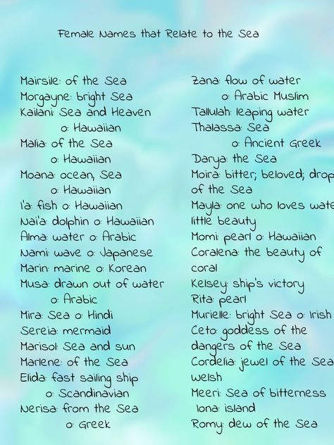 Ocean Last Names, Water Last Names, Fantasy Ocean Names, Water Related Names, Ocean Names Inspiration, Ocean Boy Names, Names That Mean Ocean, Ocean Inspired Names, Sea Names