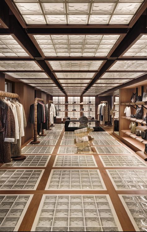 Luxury Store Interior, Luxury Retail Interior, Wooden Columns, A Space Odyssey, Paris Store, Glass Brick, Wooden Console, Fitting Room, Haridwar