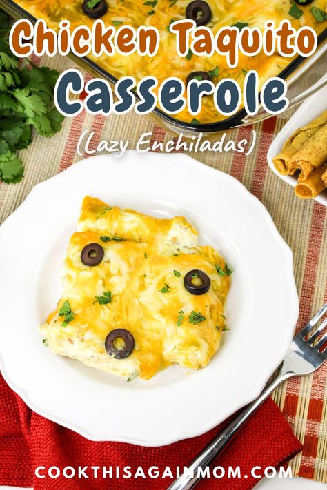 Make dinner a breeze with this Chicken Taquito Casserole recipe. Frozen taquitos covered in creamy sauce and green enchilada sauce make a satisfying meal. Chicken Taquito Enchilada Casserole, Frozen Chicken Taquitos Casserole, Easy Enchiladas With Frozen Taquitos, Chicken Taquito Casserole Recipe, Taquitos Casserole Recipe, Taquito Enchilada Casserole, Taquito Casserole Recipe, Taquito Casserole, Frozen Taquitos