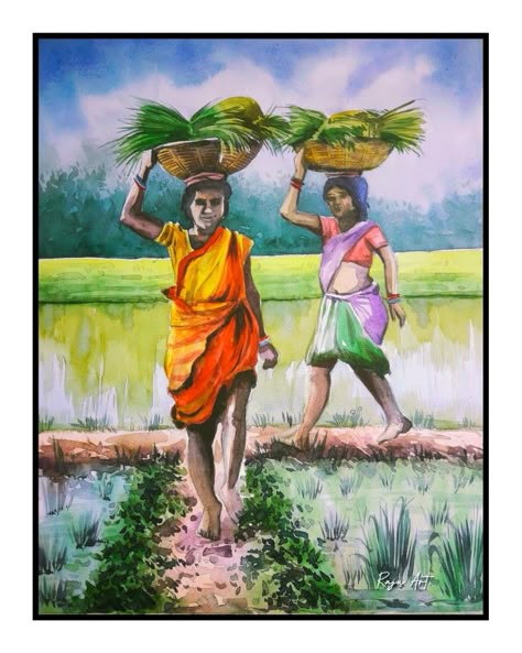 Indian village farmers, water colour on paper. This painting I inspired by other artist's work.. Water Colour Composition Drawing, Composition Painting For Class 12, Village Farmer Painting, Village Painting Indian Landscape, Indian Farmer Drawing, Farmer Painting Art, Village Composition Painting, Village Market Scene Drawing, Composition Ideas Drawing