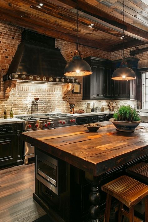 Rustic kitchens offer warmth and charm with natural wood, stone accents, and vintage-inspired materials. Click for more ideas. Kitchen Ideas Rustic Modern, New Rustic Kitchen, Dark Rustic Kitchen, Rustic Kitchen Design Ideas, Teal Cabinets, Wrought Iron Pendant Light, Rustic Kitchen Ideas, Reclaimed Wood Cabinet, Reclaimed Wood Ceiling