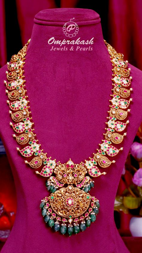 Embrace versatility and tradition with this 6 in 1 Nakshi Kundan Mango Haram. Exquisitely designed to offer multiple looks, it’s perfect for adding a touch of elegance to any occasion  #diamond #earrings #emerald #necklace #diamondjewellery #gemstones #southindianjewellery #southjewellers #bridaljewellery #bridaljewelry #nakshijewellery #ethnicjewellery #heritagejewellery #916kdmjewellery #bridaljewellery #southbrides Ruby Mango Haram, Mango Haaram Designs, 1gram Gold Jewellery With Price, Latest Nakshi Jewellery, Mango Haram Designs, Mango Mala Jewellery, Mini Haram, Mango Haram, Ruby Necklace Designs