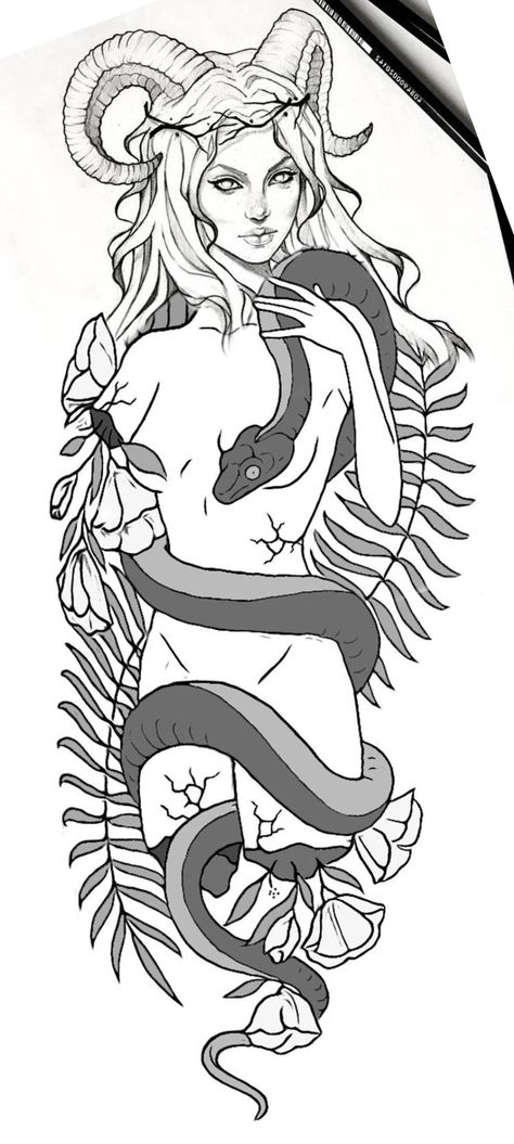 Lilith Goddess Art Drawing, Lilith Serpent Tattoo, Lilith Goddess Tattoo Design, Evil Goddess Tattoo, Dark Devine Feminine Tattoo, Lilith Sleeve Tattoo, Lilith Back Tattoo, Lilith Coloring Pages, Lillith Goddess Art Tattoo