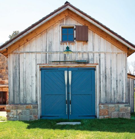 Stone-Cottage Pantry Door Decor, Blue Door House, Carriage House Doors, Cottage Journal, Garage Door Types, Shed Designs, Door House, Boat Shed, Shed Interior