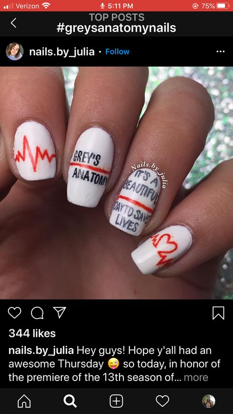 Greys Anatomy Nail Designs, Greys Anatomy Nails, Anatomy Nails, Medical Nails, Ems Nails, Doctor Nails, Medical Party, Em Nails, Cute Nail Colors