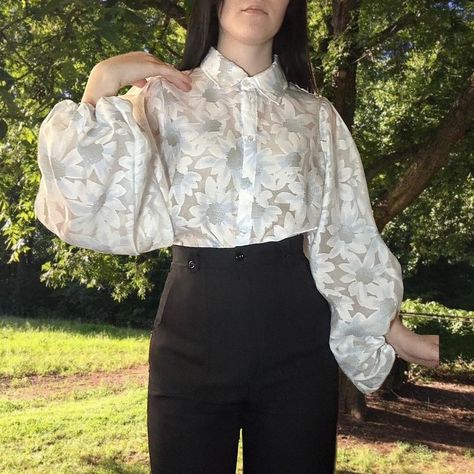 Transparent button up shirt with puffy balloon... - Depop Daisy Flower Design, White Daisy Flower, White Daisy, Summer Chic, Balloon Sleeves, Daisy Flower, Button Up Shirt, Pink Heart, Flower Design