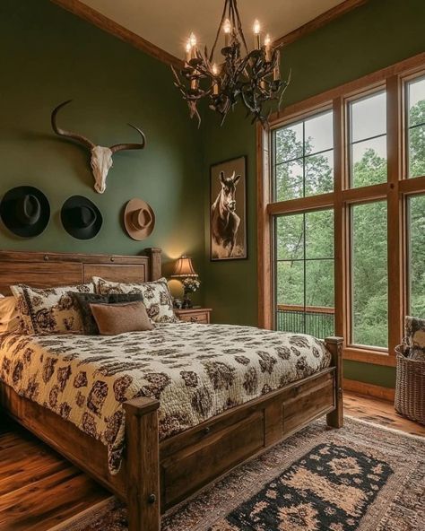 Rustic Western Home Decor Bedroom, Western House Interior, Ranch Bedroom Decor, Western Style House, Ranch Style Bedroom, Western Style Bedroom, Hunter Green Bedrooms, Country Bedroom Ideas, Ranch Bedroom