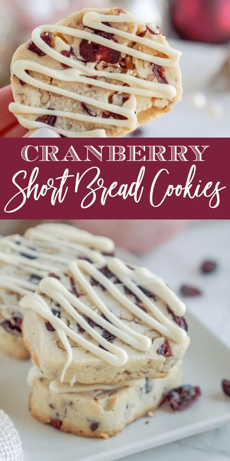 Cranberry Shortbread Cookies! Easy Cranberry Cookie Recipe with White Chocolate Drizzle! Easy Refrigerator Short Bread Cookies for Christmas or any occasion! #lemonpeony #cranberry #shortbread #whitechocolate #sliceandbake White Chocolate Chip Cranberry Shortbread Cookies, Cranberry Almond Shortbread Cookies, Cranberry Cookie Recipe, Cranberry Desserts, Cranberry Cookie, Cranberry Shortbread Cookies, Cranberry Shortbread, Cranberry Cookies Recipes, White Chocolate Drizzle