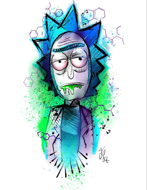 Rick And Morty Watercolor, Lsd Tattoo Ideas, Rick Tattoo Design, Rick And Morty Tattoo Design, Rick And Morty Tattoo Ideas, Lsd Tattoo, Tattoos With Color, Rick Tattoo, Watercolor Tattoo Design