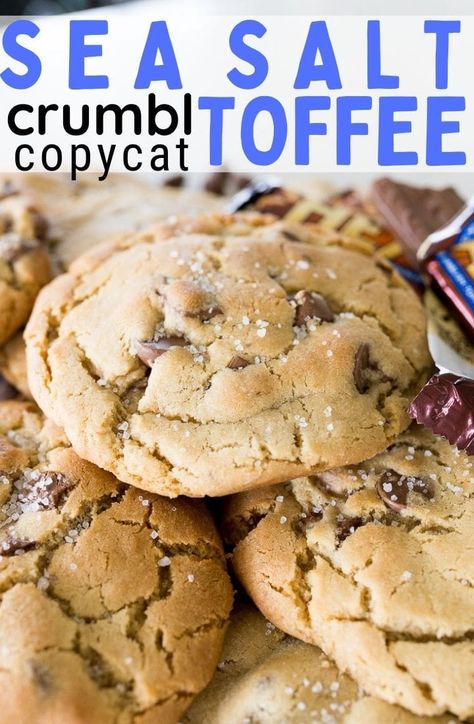 Crumbl Sea Salt Toffee Cookie - Cooking With Karli Cookies For Parties, Copycat Cookie Crumble Recipe, Crumbl Christmas Cookie Copycat, Best Cookie Base Recipe, Cozy Cookie Recipes, Toffee Chip Cookies, Copycat Crumble Recipes, Crumble Cookie Copycat Recipe Toffee, Toffee Sea Salt Cookies