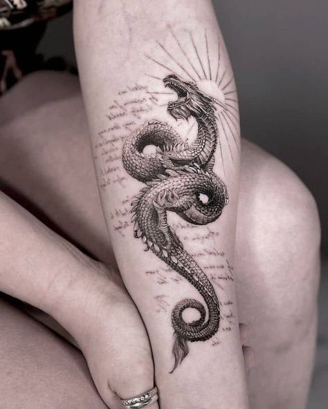 Masculine Dragon Tattoo, Dragon Tattoo In Back, Ankle Tattoos Dragon, Dragon For Men Tattoo, Dragon Coming Out Of Skin Tattoo, Wyvern Dragon Tattoo, Spiritual Dragon Tattoo, Dragon Inner Bicep Tattoo, Dragon With Quote Tattoo