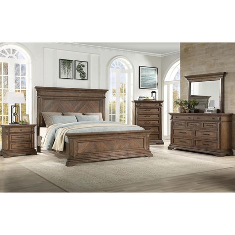 New Heritage Design Mar Vista 4 Piece King Bedroom Set in Brushed Walnut | Nebraska Furniture Mart Stately Bedroom, New Classic Furniture, Queen Panel Beds, King Bedroom Sets, Bedroom Sets Queen, Bedroom Panel, Solid Wood Bed, Queen Bedroom, King Bedroom