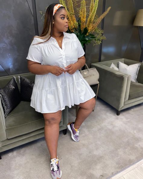 Gina G on Instagram: “It’s the dress and the sneakers for me ☺️✨” Short White Dress Outfit Casual, Black Dress With Sneakers Plus Size, Plus Size Dress With Sneakers, Dress And Sneakers Outfit Plus Size, Mini Dress With Sneakers Plus Size, Short White Dress Outfit, White Sun Dress Short Plus Size, Plus Size Short Dresses, Summer Outfits Curvy