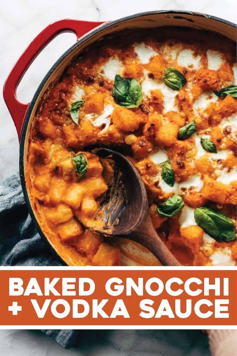 Baked Gnocchi with Vodka Sauce! Seriously cozy, seriously addicting. Pillowy-tender gnocchi tossed with an easy five-ingredient vodka sauce, baked under a layer of mozzarella, parmesan, and basil. #gnocchi #vodkasauce #pasta Gnocchi With Vodka Sauce Cream, Gnocchi Vodka Sauce, Creamy Vodka Sauce, Gnocchi Dishes, Baked Gnocchi, Vodka Sauce, Gnocchi Recipes, Cheese Ball, Mozzarella Cheese