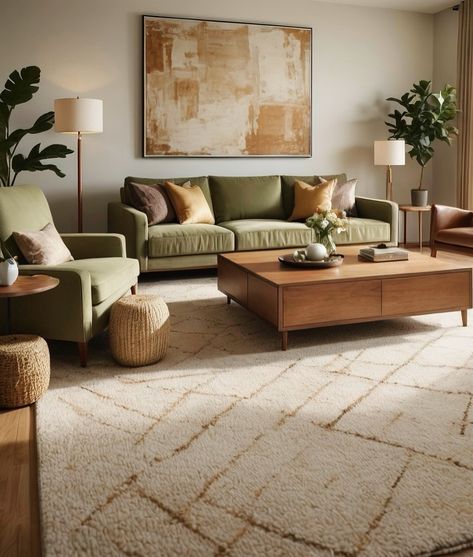 Green Couch In Living Room, Sage Neutral Living Room, Green Couch Dark Floor, Transitional Green Living Room, Neutral Green Interior Design, Green Sofa Neutral Living Room, Cream Living Room Green Accents, Cozy Earthy Living Room Ideas, Khaki Green Sofa Living Room Ideas