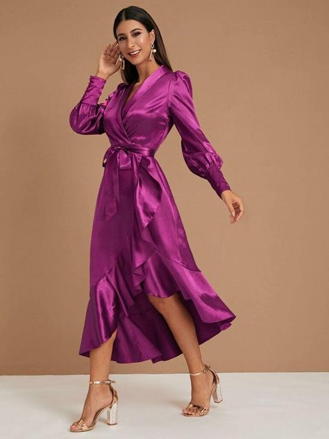 Satin Ruffle Dress, Purple Suits, Ruffle Wrap Dress, Bright Fashion, Fancy Dress Design, Bishop Sleeve, Purple Silk, Satin Midi Dress, Fashion Design Clothes