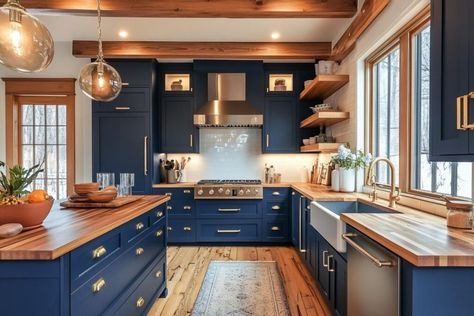 Blue And Brown Cabinets Kitchen, Kitchen With Blue Accents, Two Color Kitchen Cabinets, Blue Yellow Kitchens, Kitchen Color Combos, Navy Blue Kitchen Cabinets, Blue Kitchen Walls, Kitchen Colour Combination, Interior Design Examples