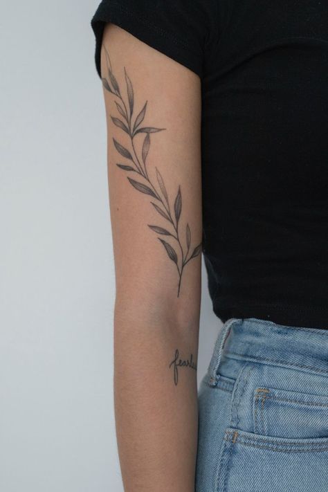 Women Patch Sleeve Tattoo, Olive Branch Around Arm Tattoo, 3in Tattoo Ideas, Vine And The Branches Tattoo, Italian Ruscus Tattoo, Olive Branch Scripture Tattoo, Arm Branch Tattoo, Classy Tattooed Women Outfit, Bicep Vine Tattoo Women