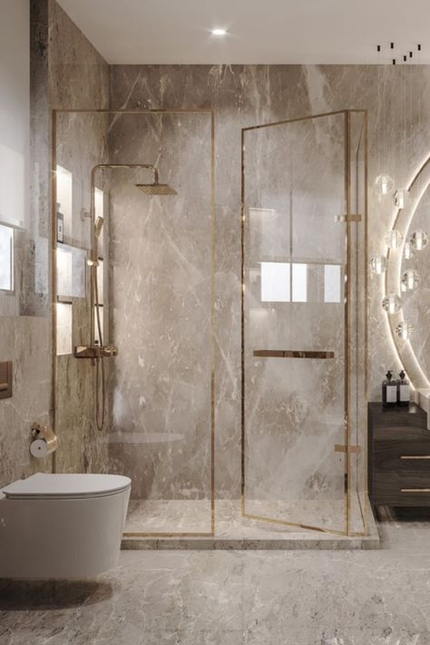 marble bathroom design by hsi Taupe Marble Bathroom, Bathroom Ceiling Design Modern, Modern Bathroom Design Marble, White And Gold Bathroom Ideas, Dark Marble Bathroom, Brown Marble Bathroom, Bathroom Ceiling Ideas, Onyx Bathroom Ideas, Beige Marble Bathroom