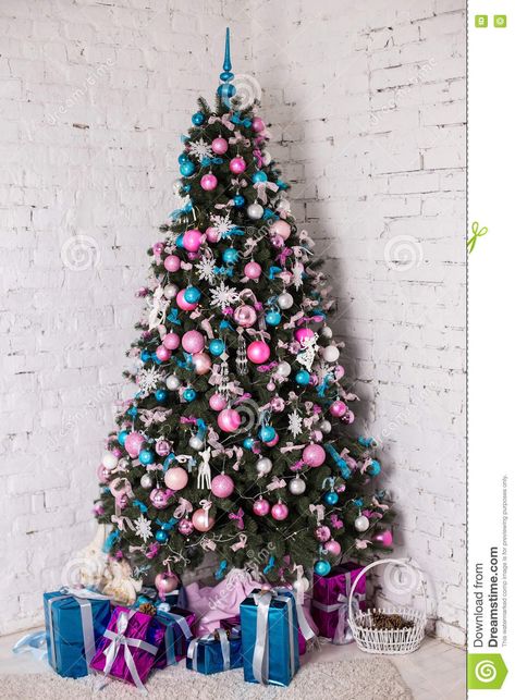 Decorated Christmas tree on white background. Photo about decoration, colorful, scenic, scenery, decorative, christmas, pink, paper, present, blue, garland, holiday, decorate - 76098811 Pink Christmas Tree Decorations, Blue Christmas Tree Decorations, Blue Christmas Nails, Christmas Tree Inspo, Blue Garland, Teal Christmas, Christmas Tree Pictures, Blue Christmas Decor, Christmas Scenery