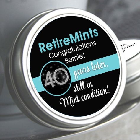 "10 - 48 Retirement Mint Tins - Still in Mint Condition | Retire Mints | Retirement Party Favors | Retirement Party Decor | Retirement Favors Show your appreciation for your employees when they retire with these personalized retirement mint tin favors. Our Personalized Chevron Retirement Mint Tin Favors are the perfect candy favor for any retirement party, its the perfect way to say we appreciate you and thank you while sharing a small memento with other employees. Recyclable, reusable, and Made Retire Mints, Retirement Favors, Retirement Candy, Military Retirement Parties, Retirement Party Themes, Army Retirement, Retirement Party Favors, Easy Party Favor, Candy Kit