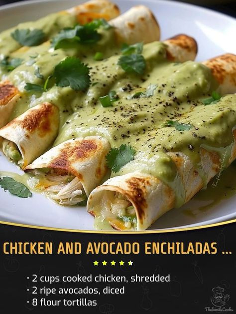 Chicken And Avocado Enchiladas, Chicken Avocado Enchiladas, Avocado Enchiladas, Guacamole Sauce, Creamy Enchilada, Chicken And Avocado, Chicken Shredded, Creamy Avocado Sauce, Quick Chicken Recipes