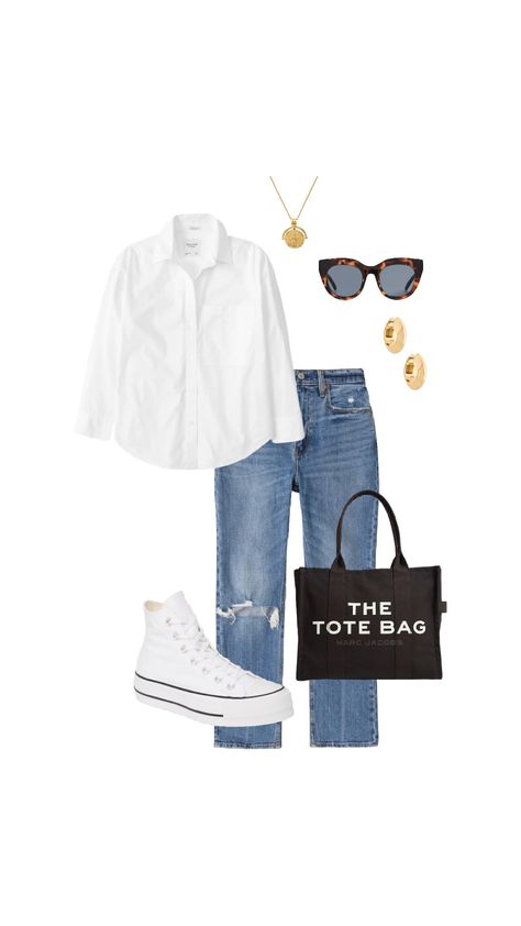 Styling A White Tshirt, Jean And Tshirt Outfits, Converse White Outfit, Outfit With Converse, White Converse Outfit, Ootd Moodboard, White Tshirt Outfit, High Tops Outfit, White Converse Outfits