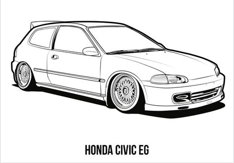 101 Squadron on Instagram: “Honda Civic EG drawing for the JDM colouring book. Of all the civics the EG is a no competition favorite of mine. Classic shape, light…” Honda Car Drawing, Honda Coloring Pages, Drawings With No Color, Honda Civic Cartoon, Honda Civic Hatchback Drawing, Honda Civic Type R Drawing, Jdm Coloring Pages, Honda Civic Art, Honda Civic Tattoo