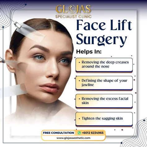 Facelift Surgery: Unlock a More Youthful You with at GLOJAS PLASTIC SURGERY SPECIALIST MALAYSIA As we age, our skin loses elasticity and begins to sag. A facelift can rejuvenate your appearance by tightening the skin, reducing wrinkles, and restoring a more youthful contour. Our skilled surgeons use advanced techniques to achieve natural-looking results. #facelift #faceliftsurgery #faceliftspecialist #facelifting #faceliftingtreatment #glojas #kualalumpur #malaysia Facelift Surgery, Face Lift Surgery, Shape Of You, Sagging Skin, Reduce Wrinkles, Skin Tightening, Facial Skin, Plastic Surgery, Surgery