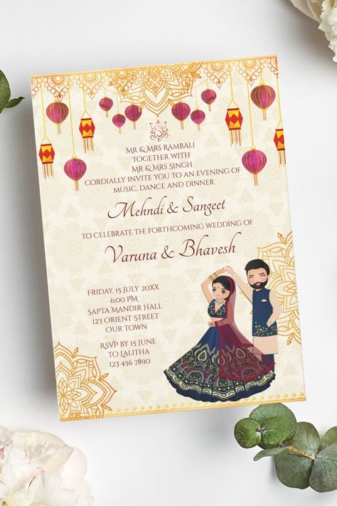 Mehndi and sangeet invitation with cute Indian dancing couple template invitation instant download Sangeet Invite Template, Sangeet Invitation Cards Template, Mehendi Invitation Card Template, Mehendi Invitation, Sangeet Invitation, Couple Template, Indian Dancing, Nikkah Nama, Hindu Wedding Invitations