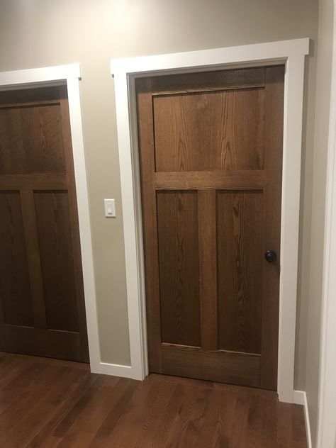 Wood Trim Interior Craftsman, Mission Style Doors Interior, Mission Doors Interior, Stained Interior Doors Farmhouse, Craftsmen Interior Doors, Stained Maple Interior Doors, Bayer Built Interior Doors, Interior Doors Styles Farmhouse, Dark Wood Doors With White Trim