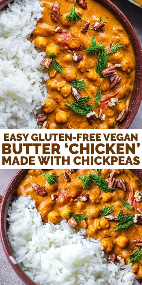 This easy vegan butter 'chicken' is made with chickpeas and peanut butter, and is savoury, rich, and ready in 15 minutes. Gluten-free and oil-free. Butter Chicken Chickpeas, Easy Vegan Butter, Butter Chickpeas, Chicken Chickpeas, Vegan Butter Chicken, Murgh Makhani, Chicken Easy, Dinner Chicken, Chickpea Recipes