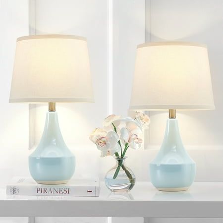 This table lamp set adds atmosphere and color to the home decoration. It goes well with any room style such as minimalist, modern, vintage style, and so on. It's great to be used as bedroom lamps, bed lamps, living room lamps, nightstand lamps, reading lamps, kid's room lamps, and etc. The modern bedside lamps are adopted with the high quality white fine fabric lampshade and stable led bulb which not only makes the glow softer to create a warmer and cozy atmosphere for you at night but also effe Lamps Set Of 2, Bedroom Hanging Lights Room Decor, Unique Nightstand Lamps, Preppy Lamps Gold, Baby Blue Lamp, Light Blue Lamps, Light Blue Table Lamp, White Lamps Living Room, Blue Ceramic Table Lamp