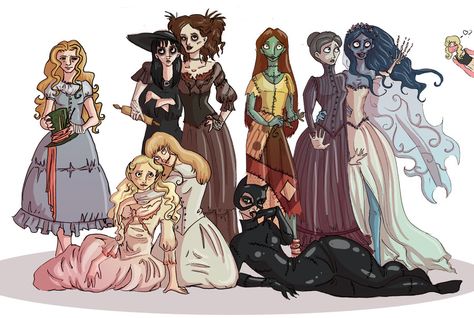 Burton Girls Kim From Edward Scissorhands, Lydia From Beetlejuice, Katrina Van Tassel, Alice From Alice In Wonderland, Violet Beauregarde, Cherrie Currie, Corpse Bride Art, Bride Art, Gothic Characters