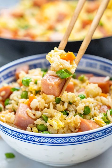 Fried Spam And Rice, Rice With Spam And Egg, Kimchi Spam Fried Rice, Fried Rice Spam, Cooking With Spam Recipe, Spam Fried Rice Recipe, Fried Rice Recipe Spam, Spam Fried Rice, The Stay At Home Chef