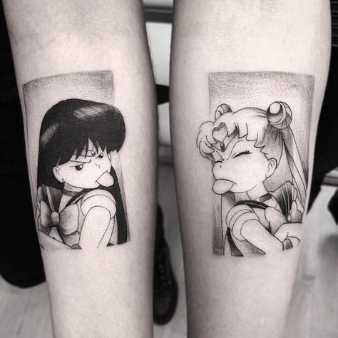 Shen Long Tattoo, Cousin Tattoos, Cat Tattoo Ideas, Twin Tattoos, Floral Thigh Tattoos, Sailor Moon Tattoo, Flower Wrist Tattoos, Gemini Tattoo, Matching Tattoo