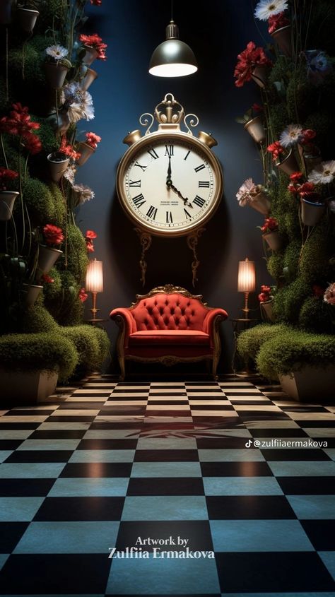 Alice In Wonderland Stairs, Alice In Wonderland Design Decor, Alice In Wonderland Booth Ideas, Set Design Ideas Creative, Christmas Alice In Wonderland, Alice In Wonderland Rabbit Hole Entrance, Mad Hatter Decor, Alice In Wonderland Living Room, Alice In Wonderland Decorations Diy