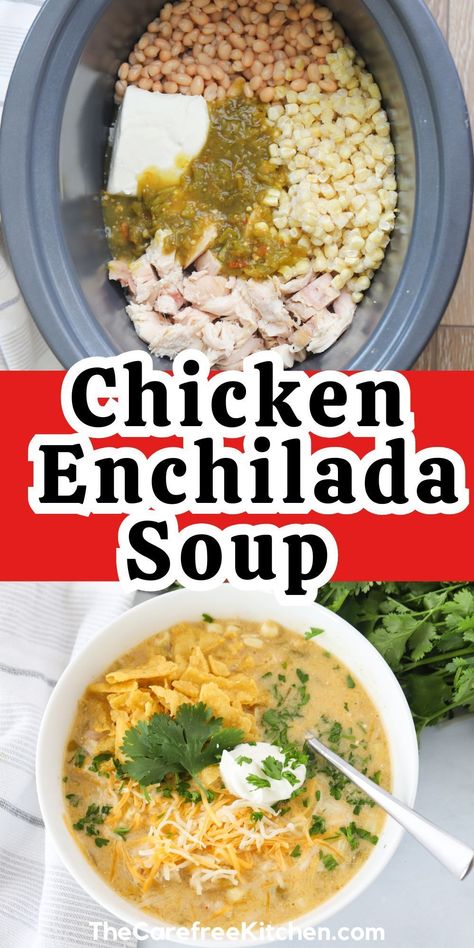 This Green Chile Chicken Enchilada Soup recipe is basically what would happen if you married our popular White Chicken Chili with chicken enchiladas - total soup perfection.  The addition of green chiles and green enchilada sauce gives the soup a tangy and spicy Southwestern flare and the cream cheese keeps things extra luscious.  For a time-saving hack, we like to use leftover or rotisserie chicken. White Chicken Chili With Green Enchilada Sauce, Shredded Chicken Enchilada Soup, Green Enchilada Soup With Rotisserie Chicken, Chicken With Green Enchilada Sauce, Hatch Green Chili Recipes Chicken, Chicken Enchilada Soup From Chili’s, Green Chili Chicken Enchiladas Soup, Crockpot Green Enchilada Chicken Soup, Cheesy Enchilada Chili