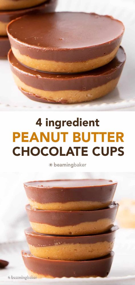 4 Ingredient Dark Chocolate Peanut Butter Cups (Vegan) - Beaming Baker Paleo Peanut Butter Cups, Date Peanut Butter Cups, Healthy Peanut Butter Cups, Peanut Butter Cups Recipe, Peanut Butter Bites, Homemade Peanut Butter Cups, Chocolate Bites, Chocolate Peanut Butter Cups, Vegan Peanut Butter