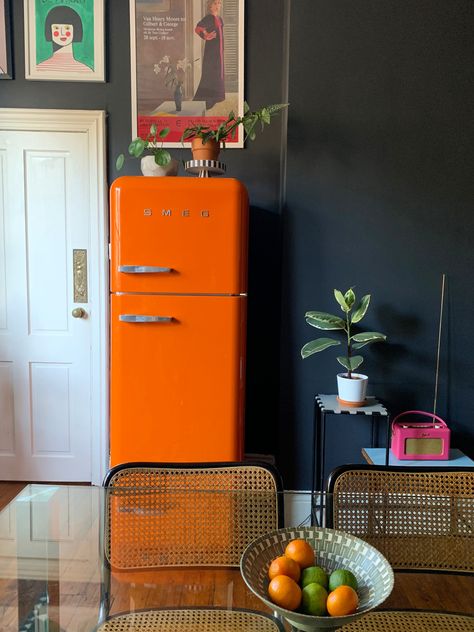 Orange Smeg Fridge Kitchen, Orange Fridge Kitchen, Fridge In The Living Room, Kitchen With Smeg Fridge, Orange Smeg Fridge, Smeg Fridge Freezer, Fridge In Living Room, Smeg Fridge Kitchen, Orange Fridge