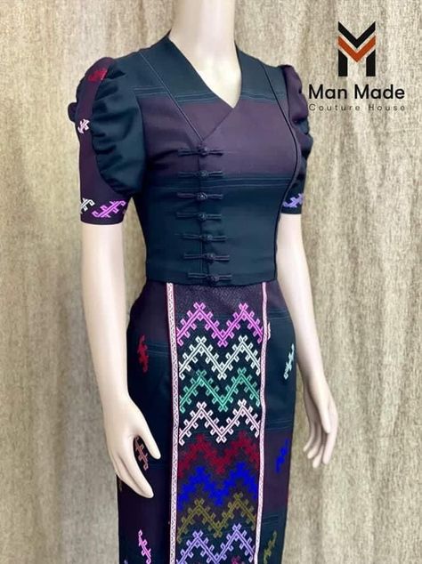 ဂါ၀န် Design, Myanmar Dress Design Fashion, ကချင်ထည် Design, Kachin Dress, Myanmar Outfit, Burma Dress, Myanmar Fashion, Asian Style Dress, Fancy Short Dresses